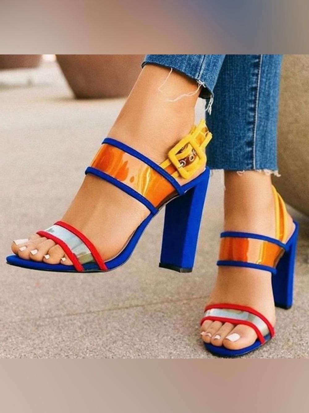 Clear Straps Chunky Heel Slingback Sandals.